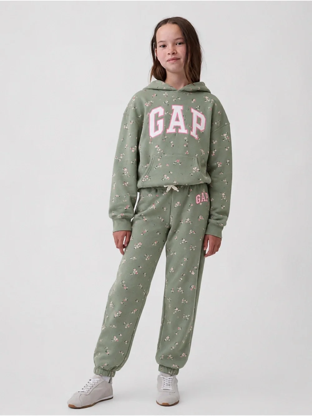 GAP Kids Floral Hoodie & Jogger Set Girls Size 8 (M) Green Matching Sweat Set